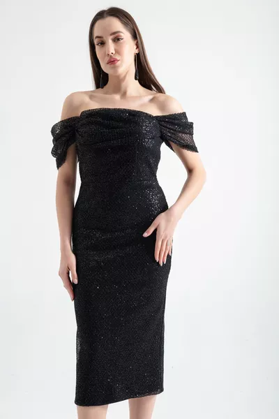 المرأة السوداء قارب الرقبة بريق ميدي مساء اللباس