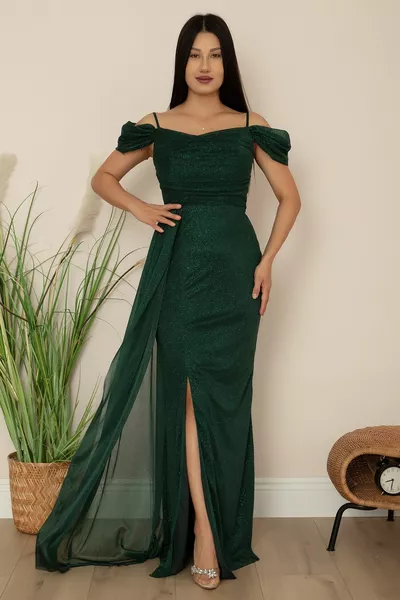 Robe de soirée à manches basses en tulle à paillettes 