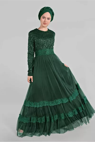 Grünes (Smaragd) Abendkleid aus Spitze und Tüll mit Details für Damen 