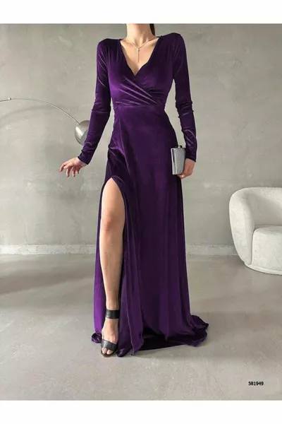 STRETCHY VELVET FABRIC PURPLE COLOR SLIT LONG SLEEVE EVENING DRESS  