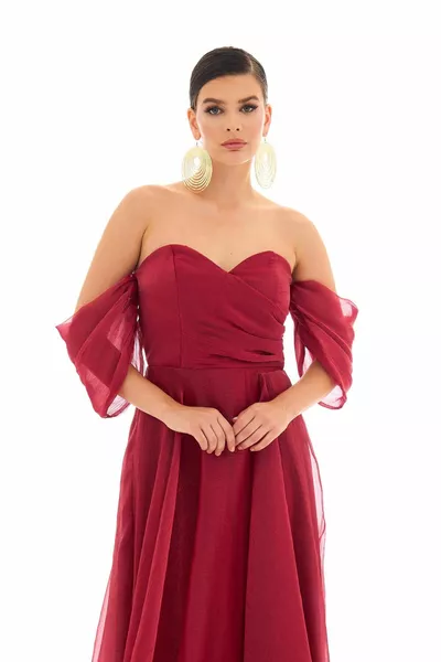 Burgundy Low Sleeve Organza Engagement Evening Dress