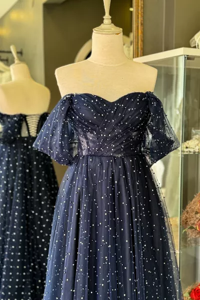 الأزرق الداكن اللؤلؤ والحجر المتلألئ ماكسي طول رايات شفافة مساء اللباس والسهرة اللباس