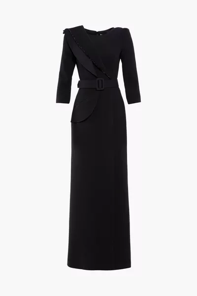 Asymmetrical Collar Detailed Belted Long Black Dress