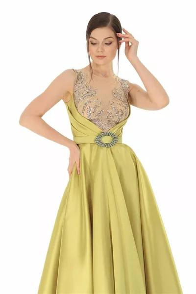 Масло зелено тяло прозрачни бродирани страни драпирани Определено сатен дълга вечерна рокля