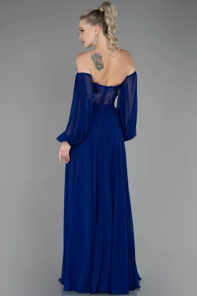Sax Blue Strapless Underwire Corset Slit Chiffon Evening Dress 