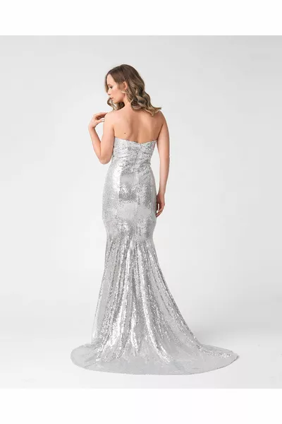 المرأة الفضة الجبهة شق حمالة الترتر مساء اللباس الطويل