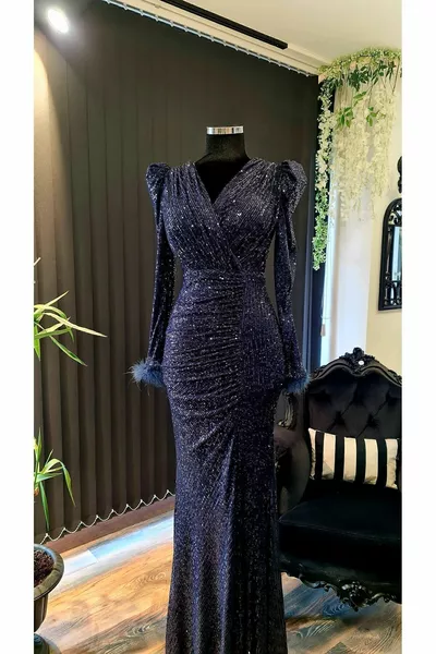Тъмносин пайети плат двуредно деколте, цепка, риба рокля
