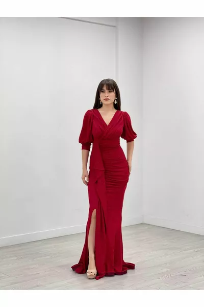 Abito Da Sera Dettagliato A Volano Modello Pesce In Tessuto Glitterato - ROSSO