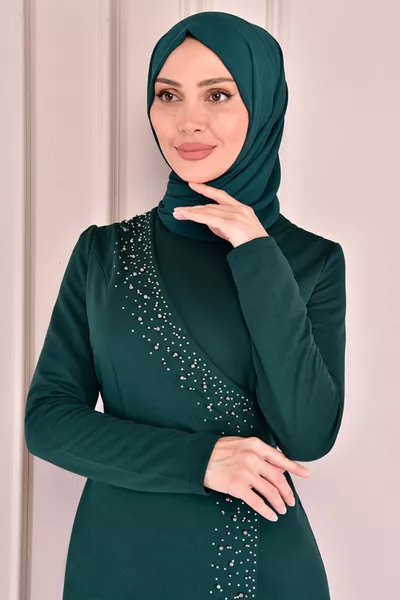 lange Hijab Avondjurk met stenen borduurwerk