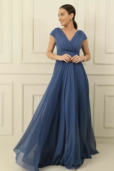 مزدوج الصدر طوق مسمار الأكمام دائرة كاملة واسعة اصطف الشيفون تول فستان طويل