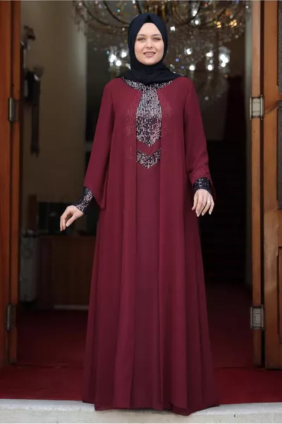 Kadın Bordo Pul Payet Detaylı Abiye T 