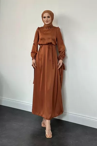 Lupin Arm And Neck Stone Evening Dress Tan