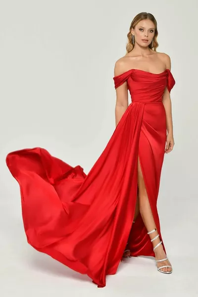 Alpha Beta Slit Detailed Low Sleeve Red Women's Satin Evening Dress 