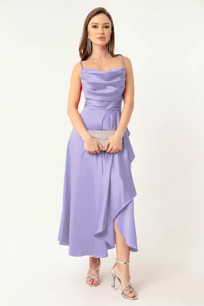 المرأة أرجواني انتفخ الساتان ميدي طول مساء اللباس والتخرج اللباس