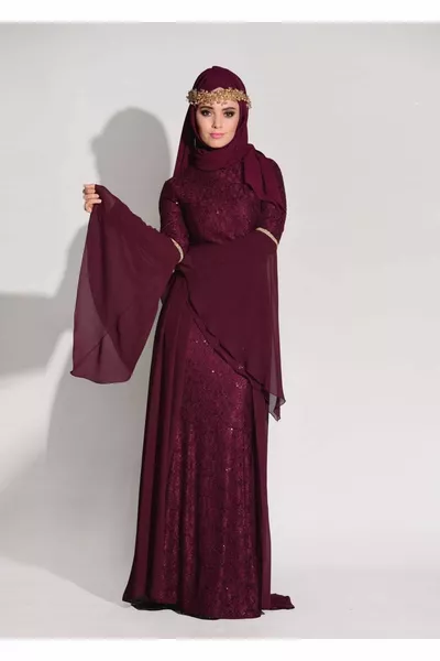 المرأة بورجوندي الدانتيل الشيفون مفصلة مساء اللباس 