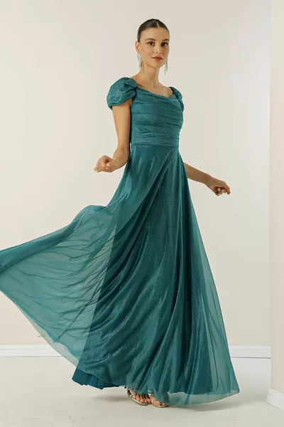 Madonna Neckline Drop Sleeve Front Draped Lined Long Glitter Dress