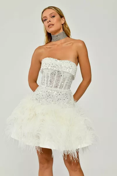 Kurzes Abendkleid mit Federrock Pailletten