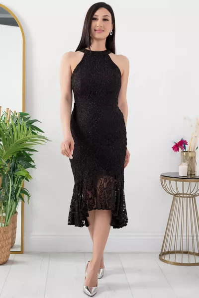 C الرقبة بريق الدانتيل مساء اللباس القصير 