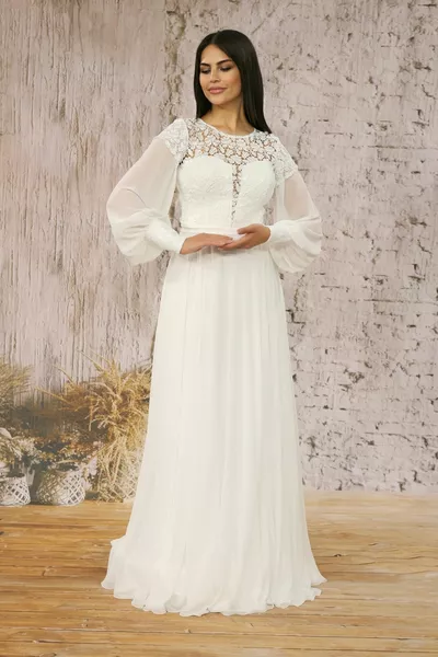 Langärmeliges Guipure-Kombinations-Chiffon-Hochzeitsabendkleid in Weiß