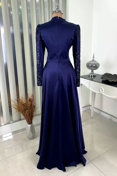 Pleated Skirt Front Stone Sequin Detail Dream Evening Dress - Navy Blue