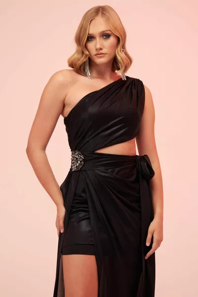 أسود احباط واحد الكتف حزام مساء طويل اللباس