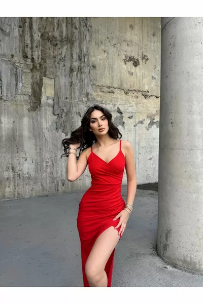 إميلي مزدوجة الصدر طوق حبل حزام شق مساء اللباس  أحمر