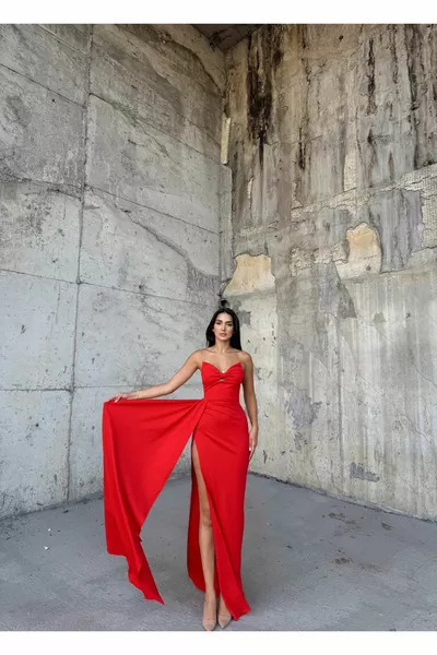 Fulya Straplez Yırtmaçlı Abiye  KIRMIZI