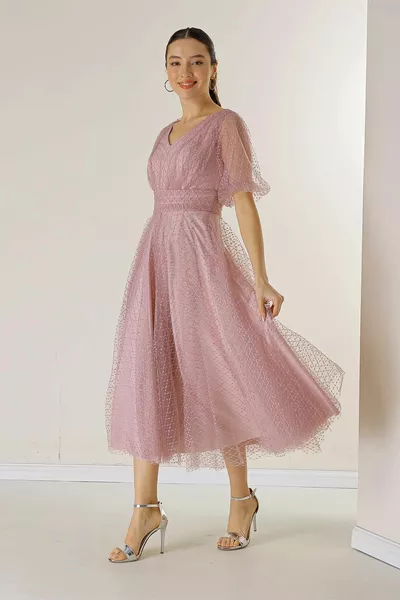 الجبهة الخلفية الخامس الرقبة قصيرة بالون الأكمام مربع الأرقط بريق داليا النسيج اصطف اللباس