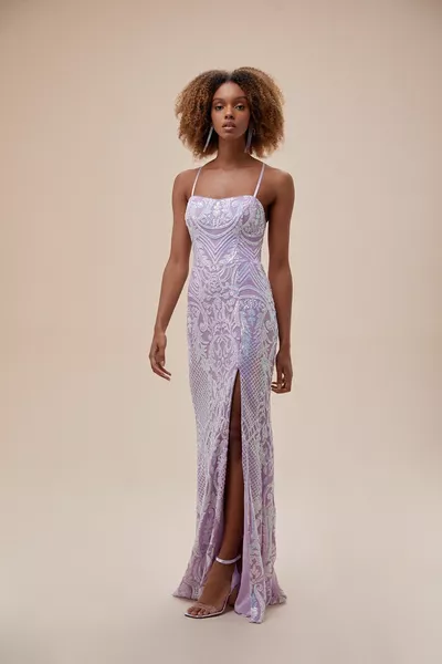 أرجواني رفيع حزام الترتر مطرزة فستان سهرة طويل