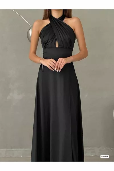 Schwarzes Satin-Abendkleid mit Krawatte