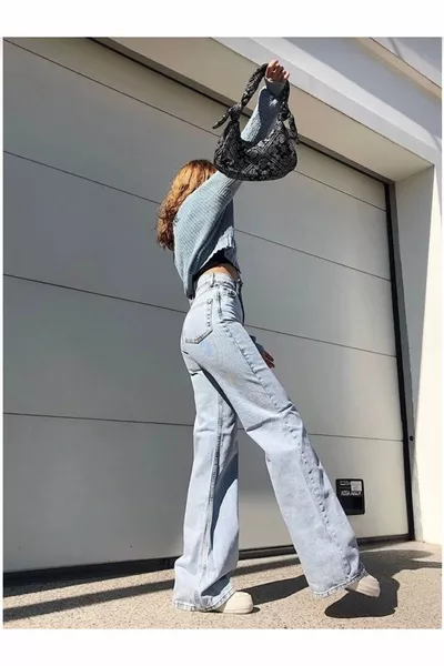 جيسي سنو واش أزرق فاتح ليكرا سوبر اكسترا عالية الخصر واسعة الساق Palazzo رث جينز