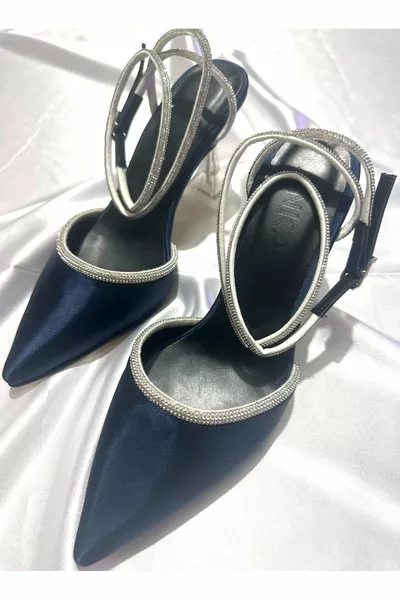 نسائي أزرق كحلي ساتان 8 سم شفاف بكعب الكاحل التفاف الحجر وأشار اصبع القدم أحذية السهرة