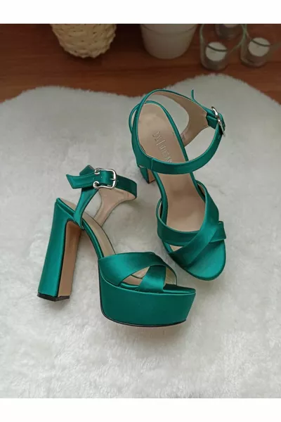 Women's Green Satin Platform Evening Dresses