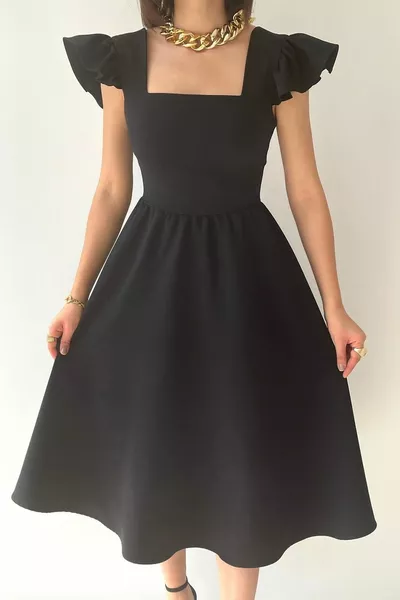 أطلس نسيج الأكمام مفصلة مربع الرقبة ميدي طول أسود مساء اللباس أسود فستان الخطوبة 