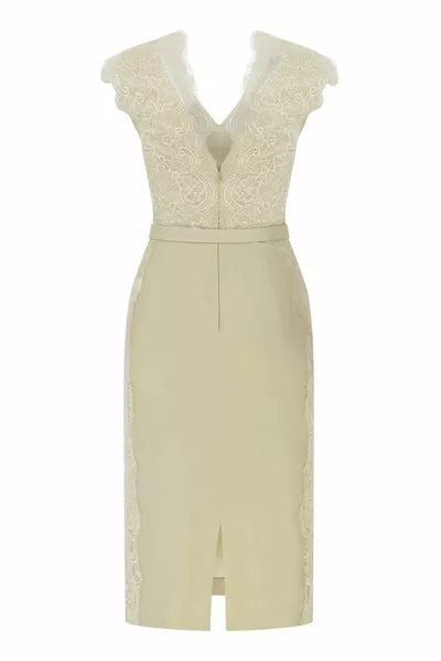 Abendkleid aus Spitze mit Stickerei oliv 