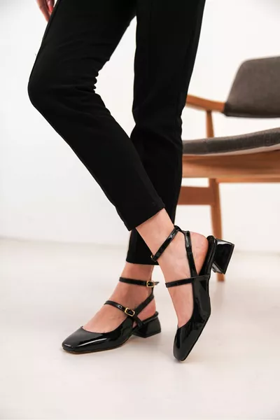 Donna Mary Jane Vernice Aperto Posteriore Punta Quadrata Cappello Duro Tacchi Corti Block