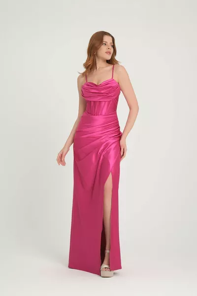 Dames Rope Strap Degaje Gedetailleerde Tie Back Lange Spleet Vis Vorm Bruiloft Satijnen Avondjurk