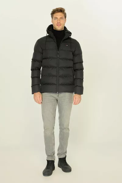 Doudoune d’hiver à capuche coupe-vent épaisse et doublée noire pour homme