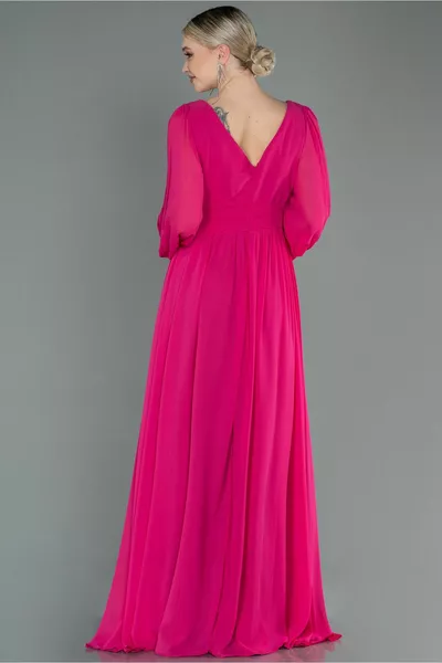 Robe de soirée décolletée en mousseline de soie à manches longues fuchsia 