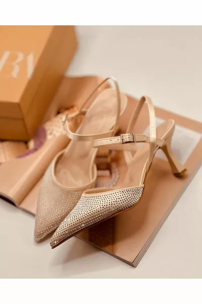 Сатенен камък Дамски вечерни обувки със заострен връх на тънък ток