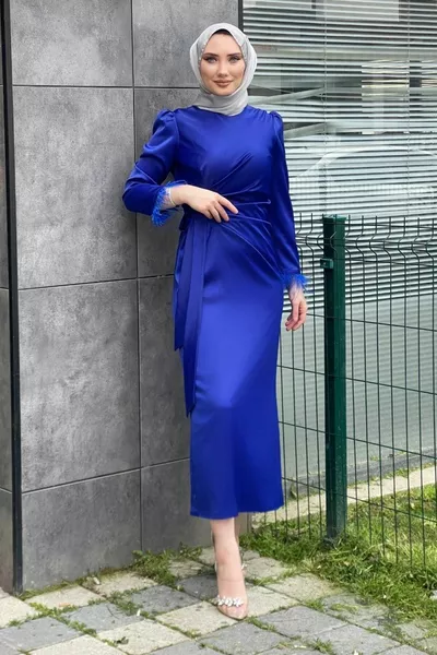 Sleeve Fringed Satin Evening Dress Saks