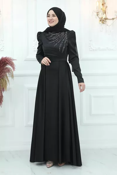 Damen Schwarzes Schulter- und Halsschmuck Juwelenbesetztes Berceste Stilvolles Satin-Abendkleid