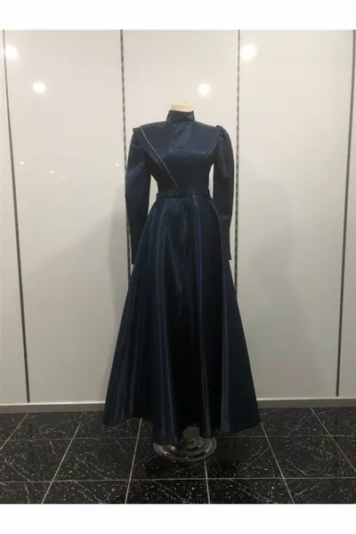 نجوم المرأة طويلة الأكمام الخصر حزام الخصر مقعد ميدي الحجاب مساء اللباس الأزرق الداكن