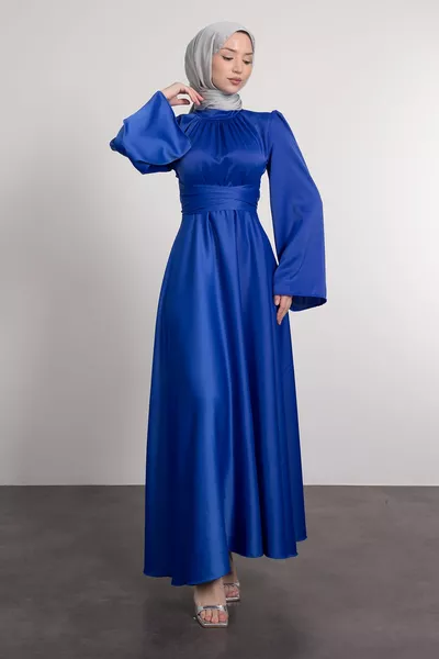 Spanish Sleeve Waist Wrap Satin Hijab Evening Dress