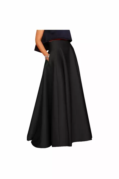 Women's Black Pocket High Waist Maxi Long A-line Pleated Satin Skirt
