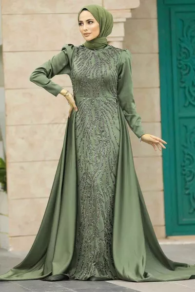 Hijab Evening Dress - Tailed Khaki Satin Hijab Evening Dress HK