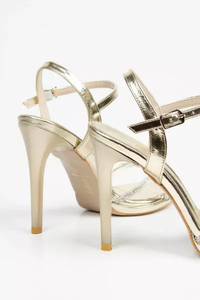 - Chaussures de soirée élégantes pour femmes avec talons aiguilles hauts brodés de pierres en cuir verni doré