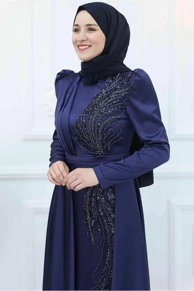 المرأة الأزرق الداكن الترتر الترتر مطرزة مساء اللباس T 