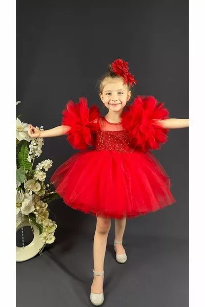 الشيفون نير بومبون الأكمام الترتر الفتيات 'رقيق تنورة توتو مساء اللباس الأحمر