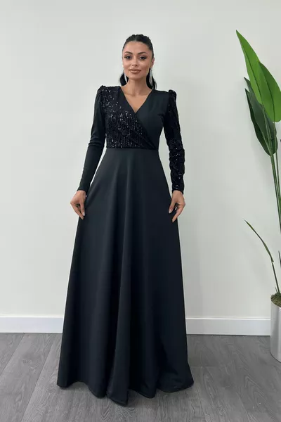 Abito Crepe Tessuto Paillettes Dettagliato Nero